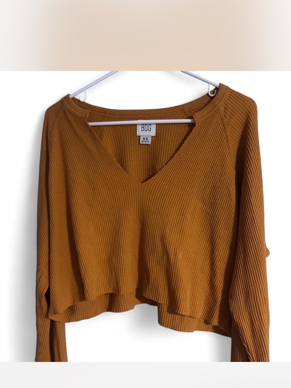 BDG Mustard Ribbed V-Neck Cropped Long Sleeve